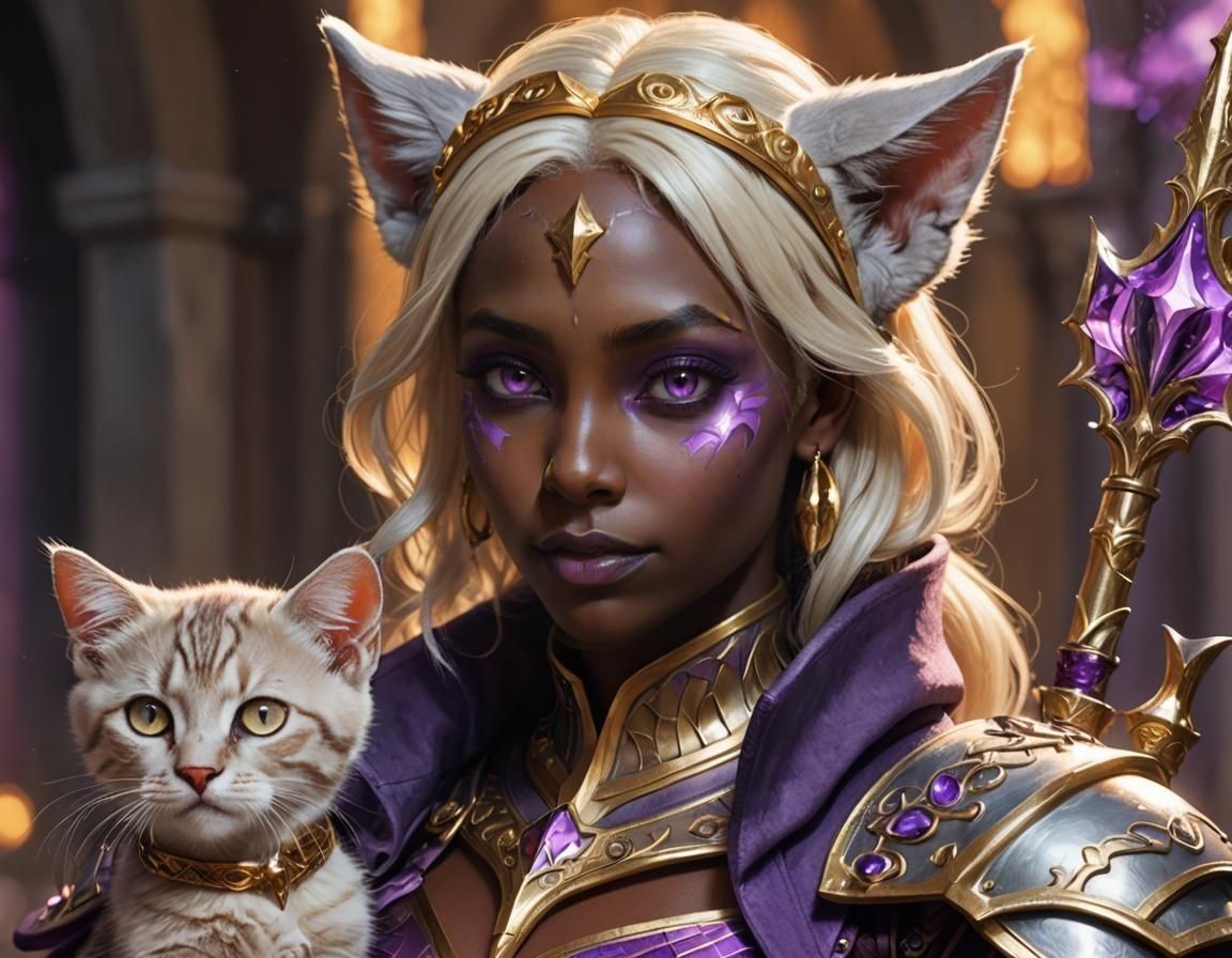 Drow with Kitten in Subterranean Temple