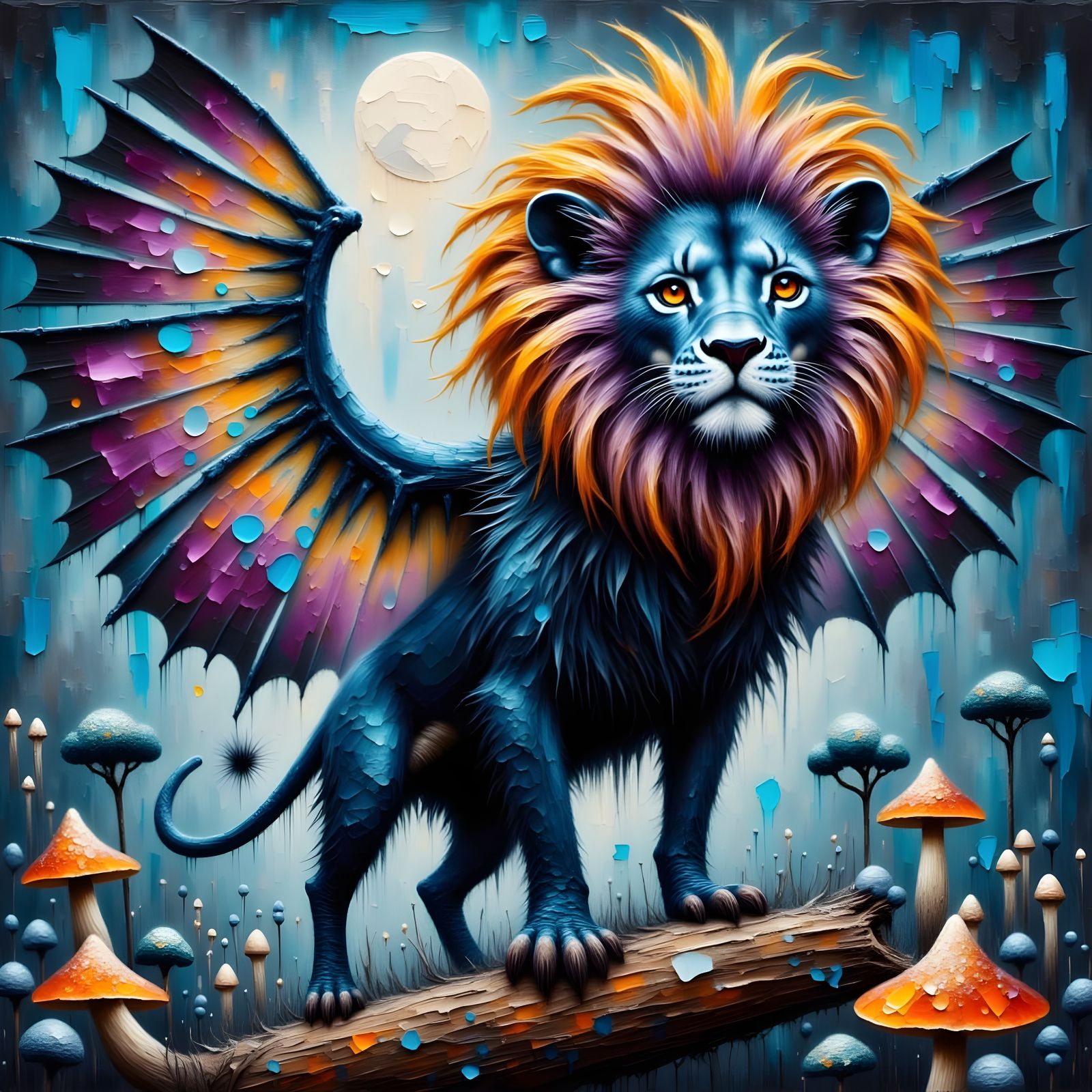 Lion-Ferret Hybrid with Bat Wings as Impasto Art