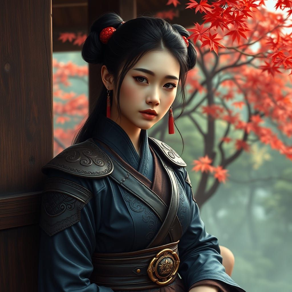 Serene Asian Warrior in Elegant Armor and Autumnal Haze