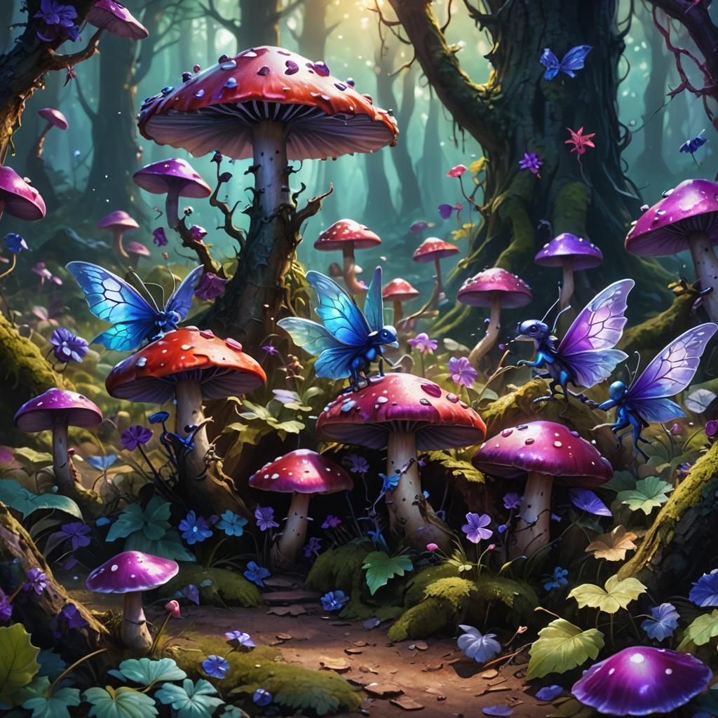 Evil Mushroom Fairies Attack Grape Dragon: Oil Painting