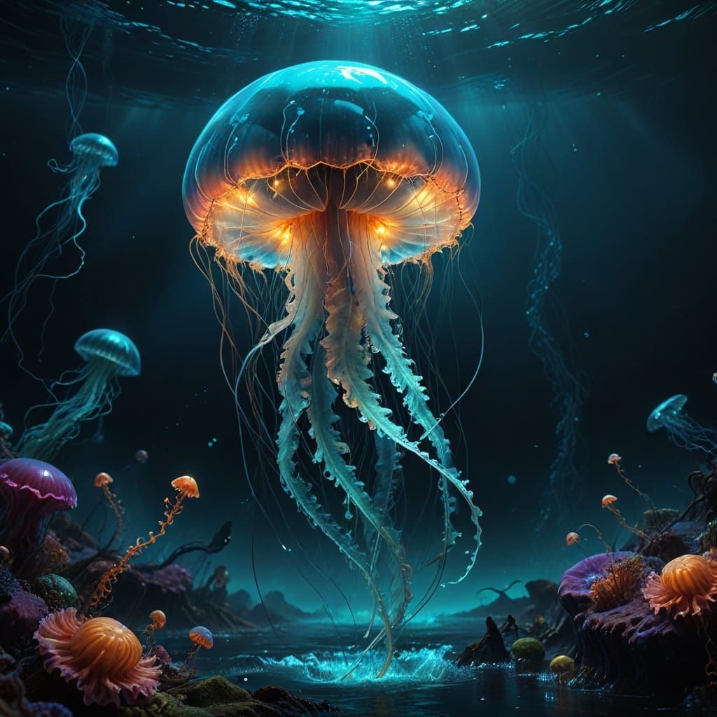 Bioluminescent Jellyfish Drifting in Alien Ocean