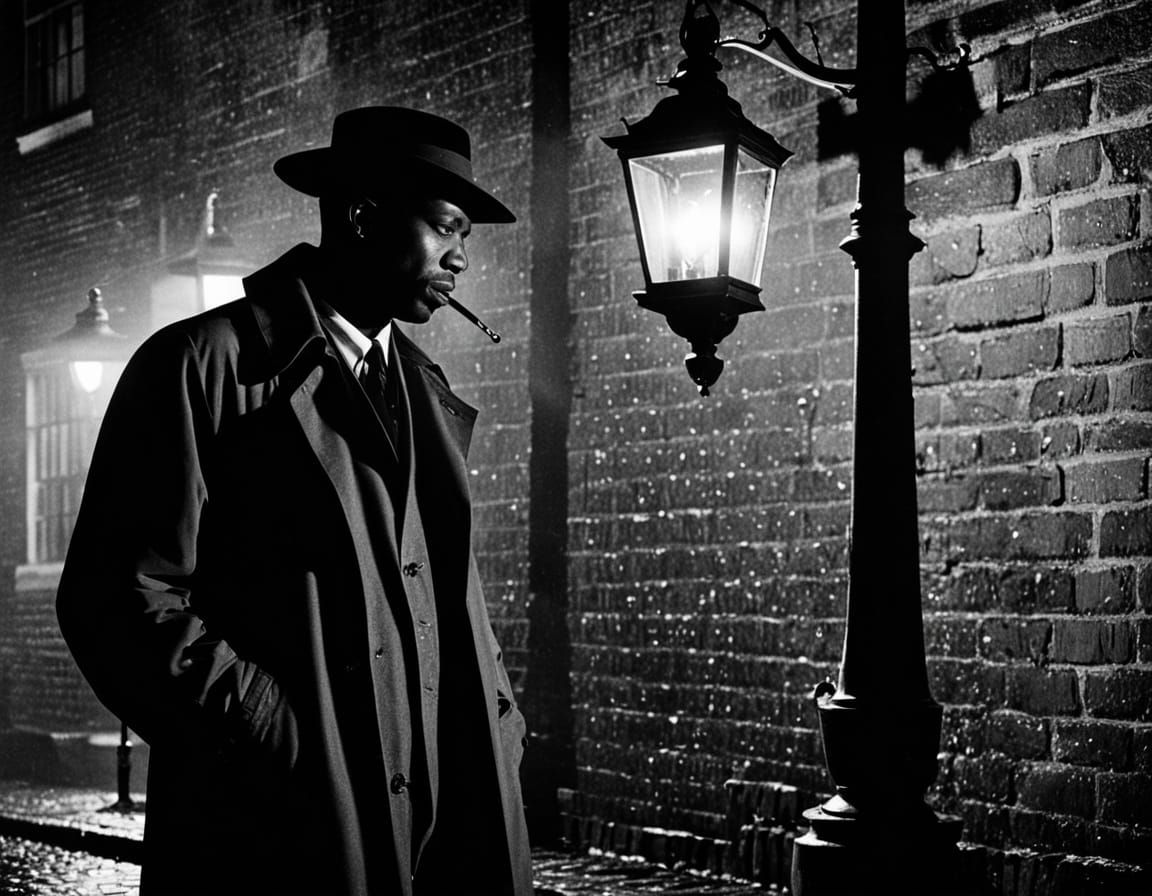 Film Noir Detective Lights Cigarette in London Rain