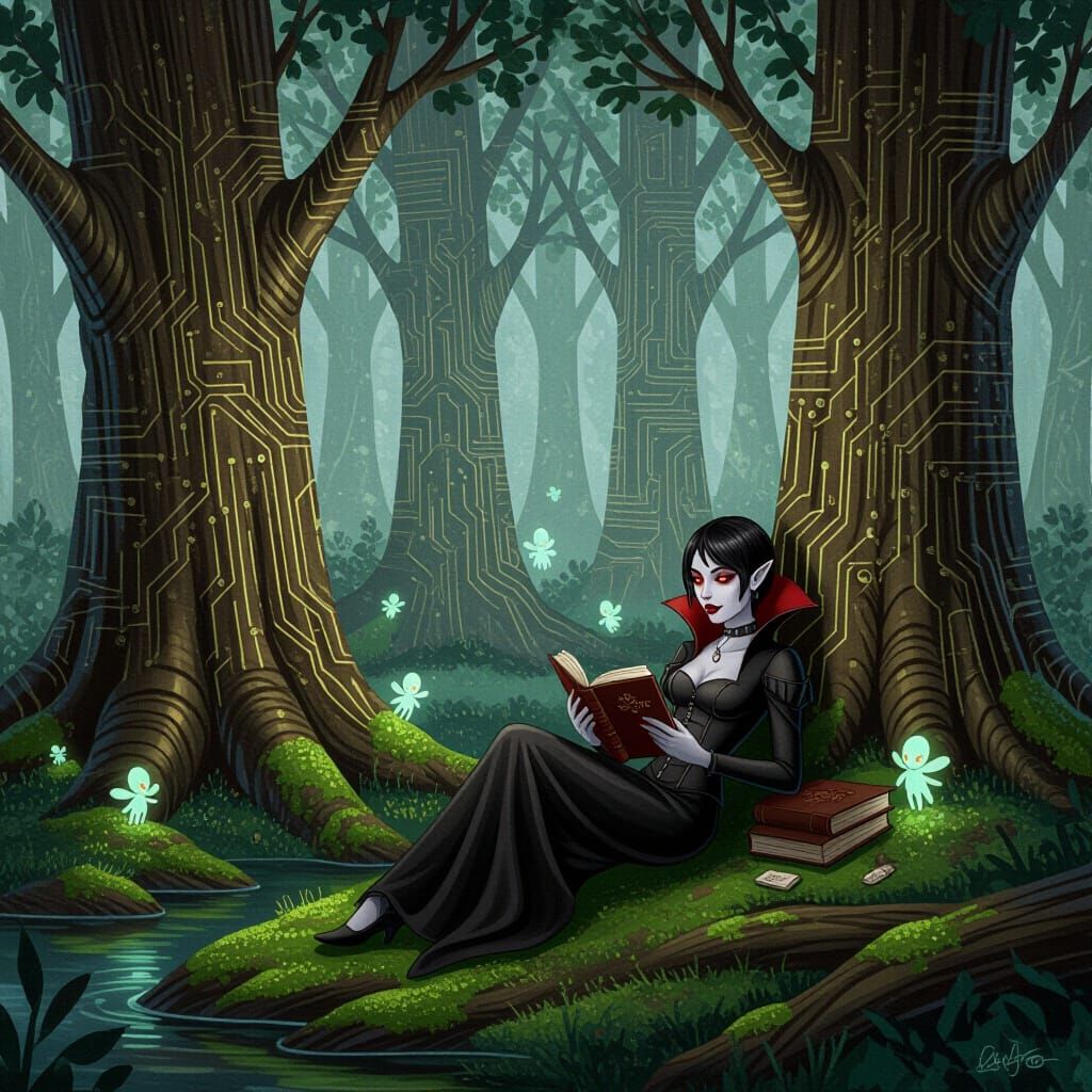 Whimsical Forest with Circuit Trees and Reading Vampire