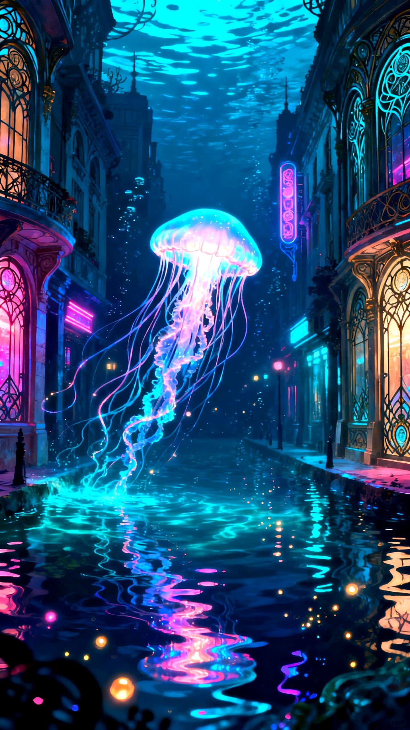 Bioluminescent Jellyfish in Neon Underwater City
