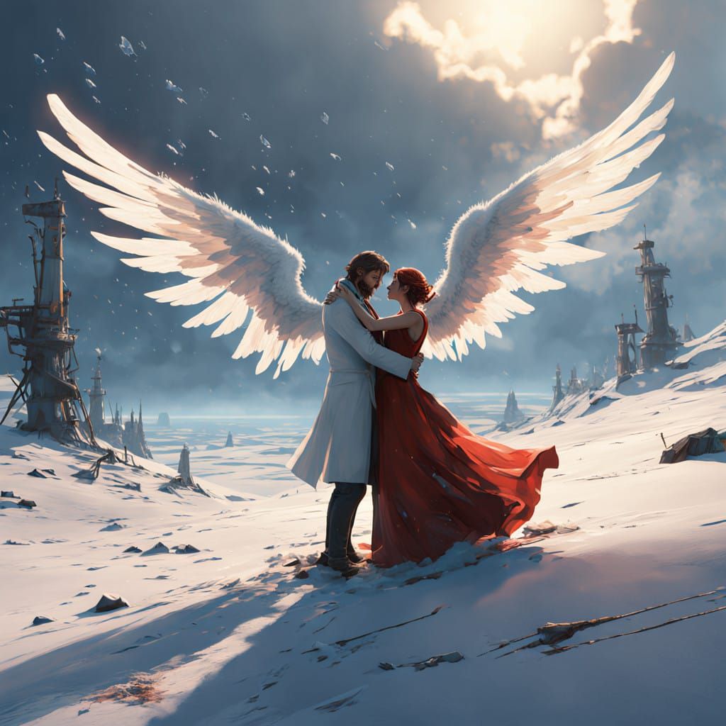 Lovebirds with Angelic Wings in Elegant Attire