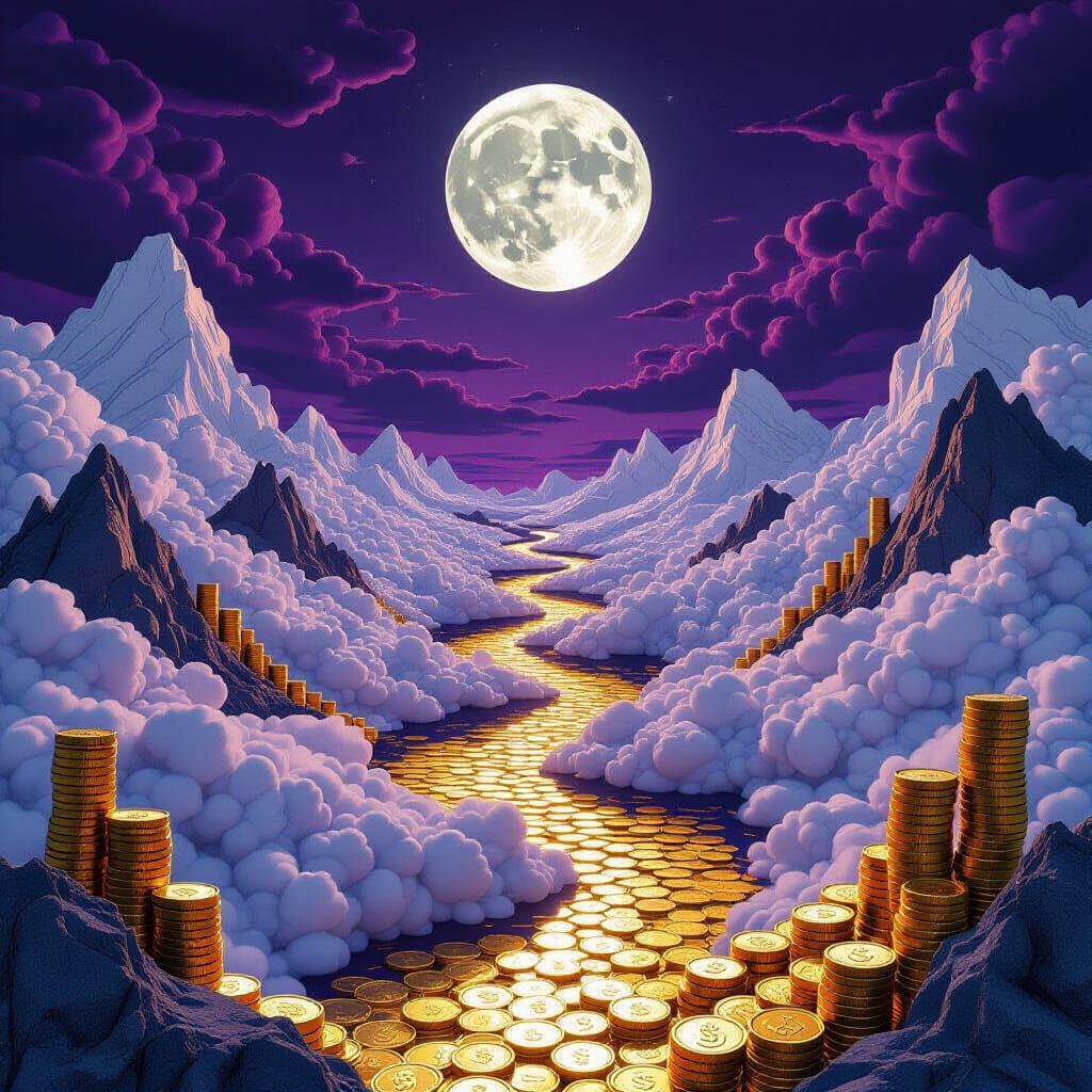 Surreal Landscape: Paper Clouds, Gold Rivers, Coin Mountains
