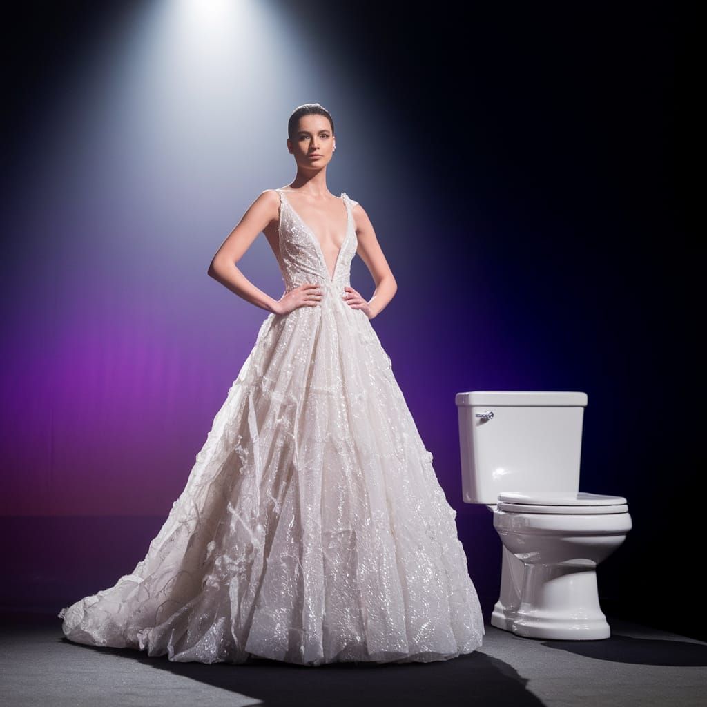 Elegant Fashion Model Struts Down Catwalk in Whimsical Toile...