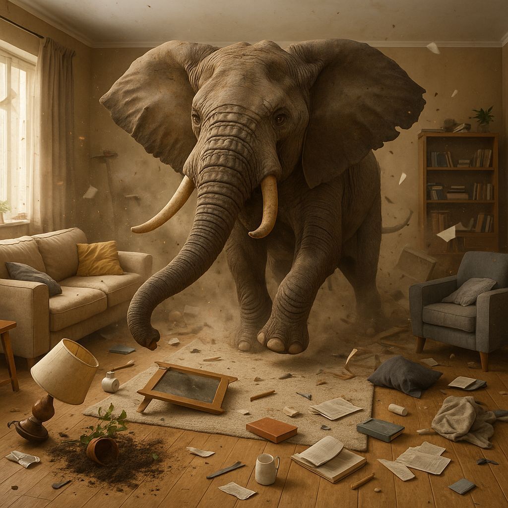 Furious Elephant Causes Chaos in Messy Living Room