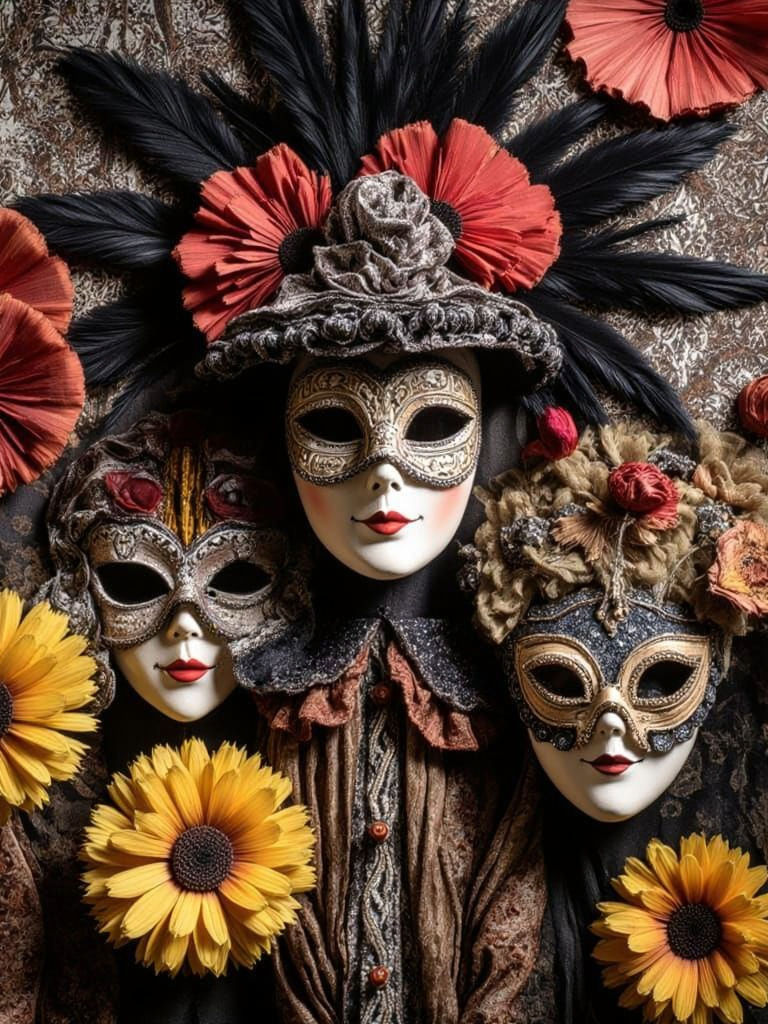 Bohemian Carnival Masks with Floral Collage