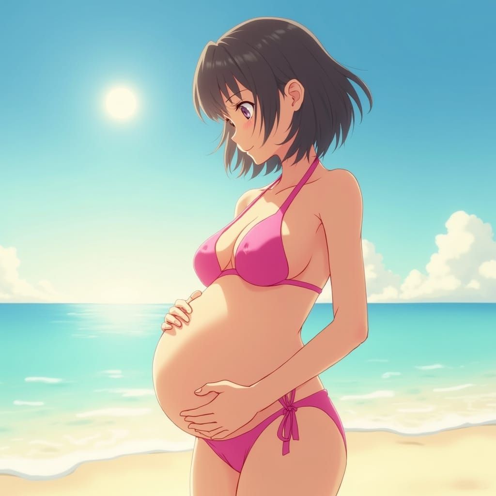 Anime Woman with Pregnancy Belly at Beach