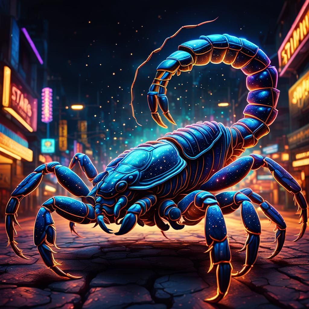 Illuminated Neon Scorpion at Night