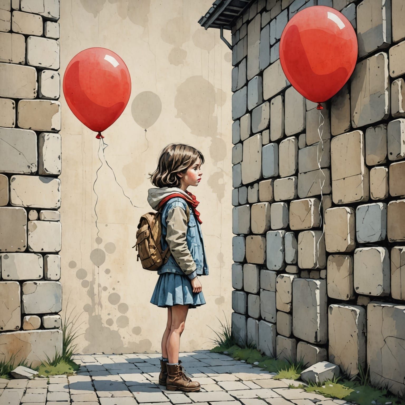 Girl with Balloon: Cubist Watercolor in Banksy Style