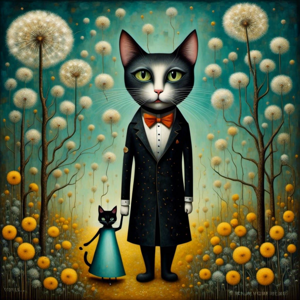 Whimsical Surrealist Cat Couple in Park, Oil Painting