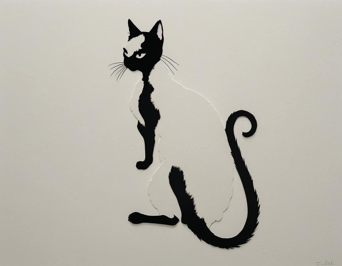 Siamese Cat Silhouette Heart Tail: Cut-Paper Style