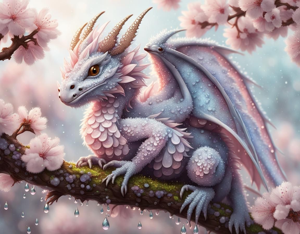 Fluffy Wooly Dragon on Cherry Blossom Branch