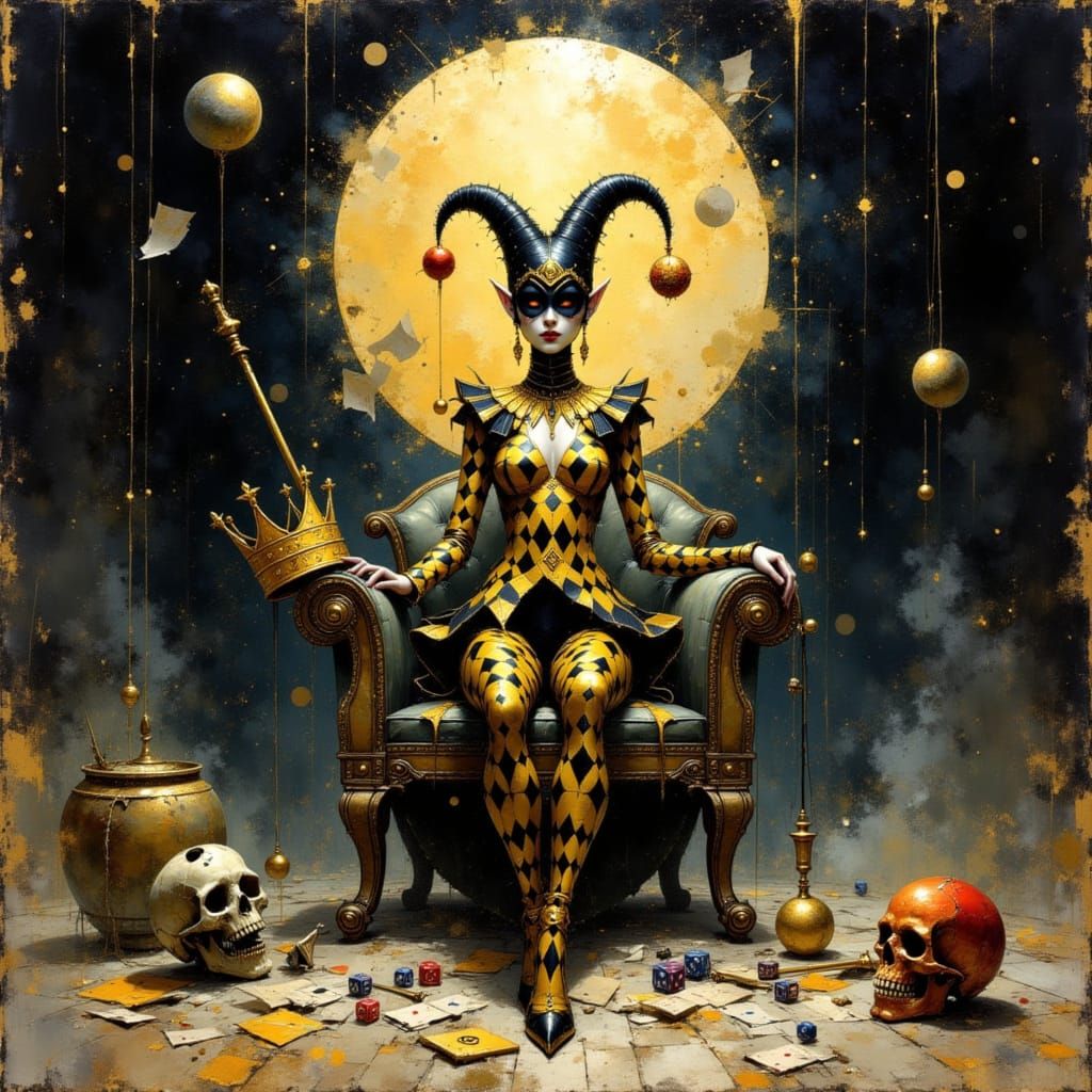 Harlequin in Moonlit Throne Room: Dark Fantasy Art