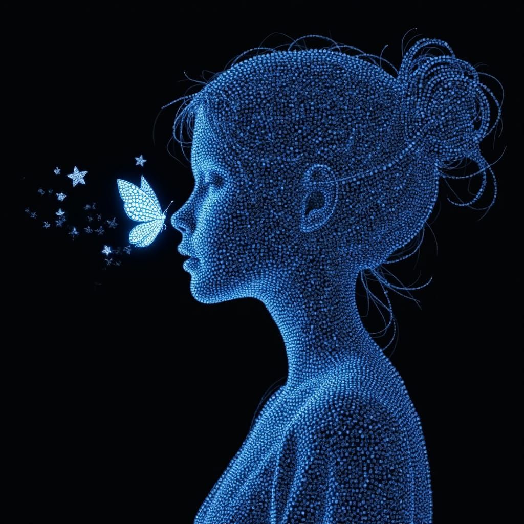 Holographic Girl and Butterfly in Binary Art Style