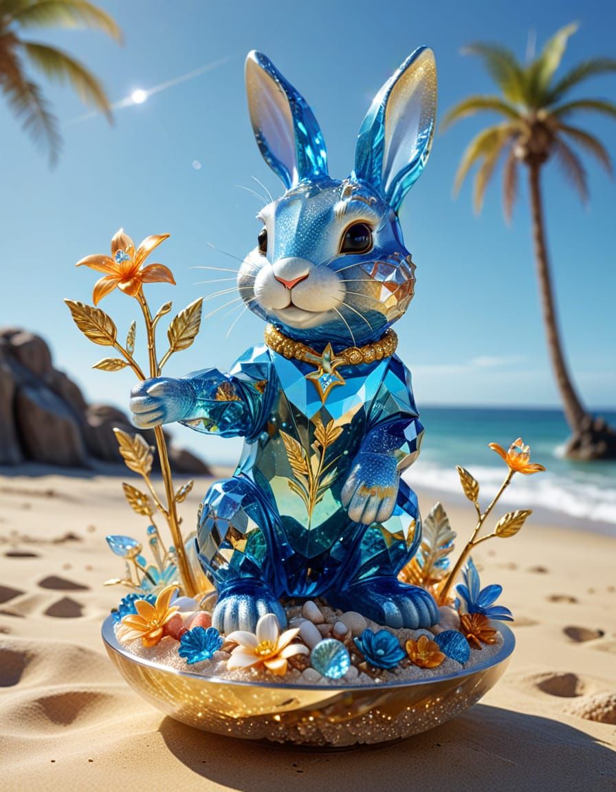 Cute Iridescent Rabbit on a Sunny Beach