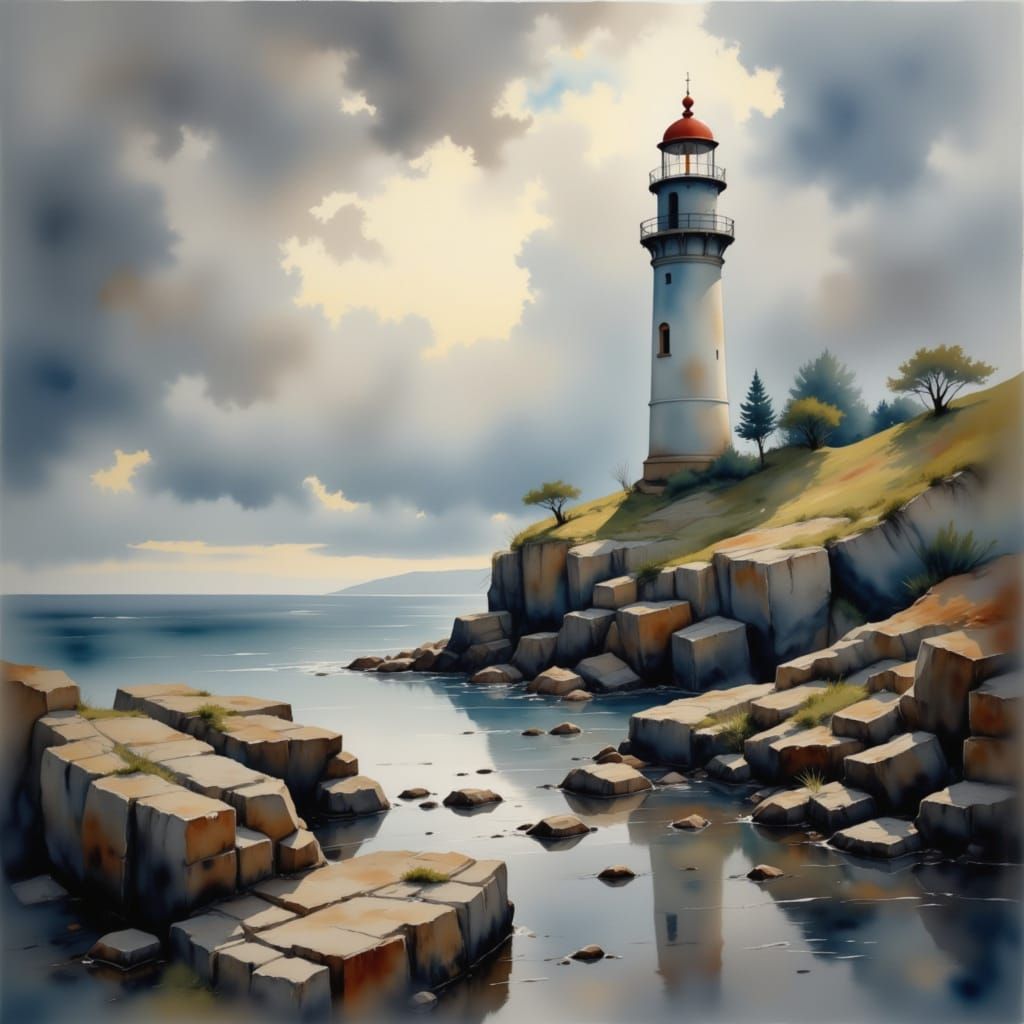 Sunlit Lighthouse on Coastline in Watercolor Style