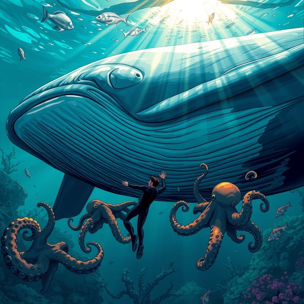 Man Touches Whale in Comic Book Style
