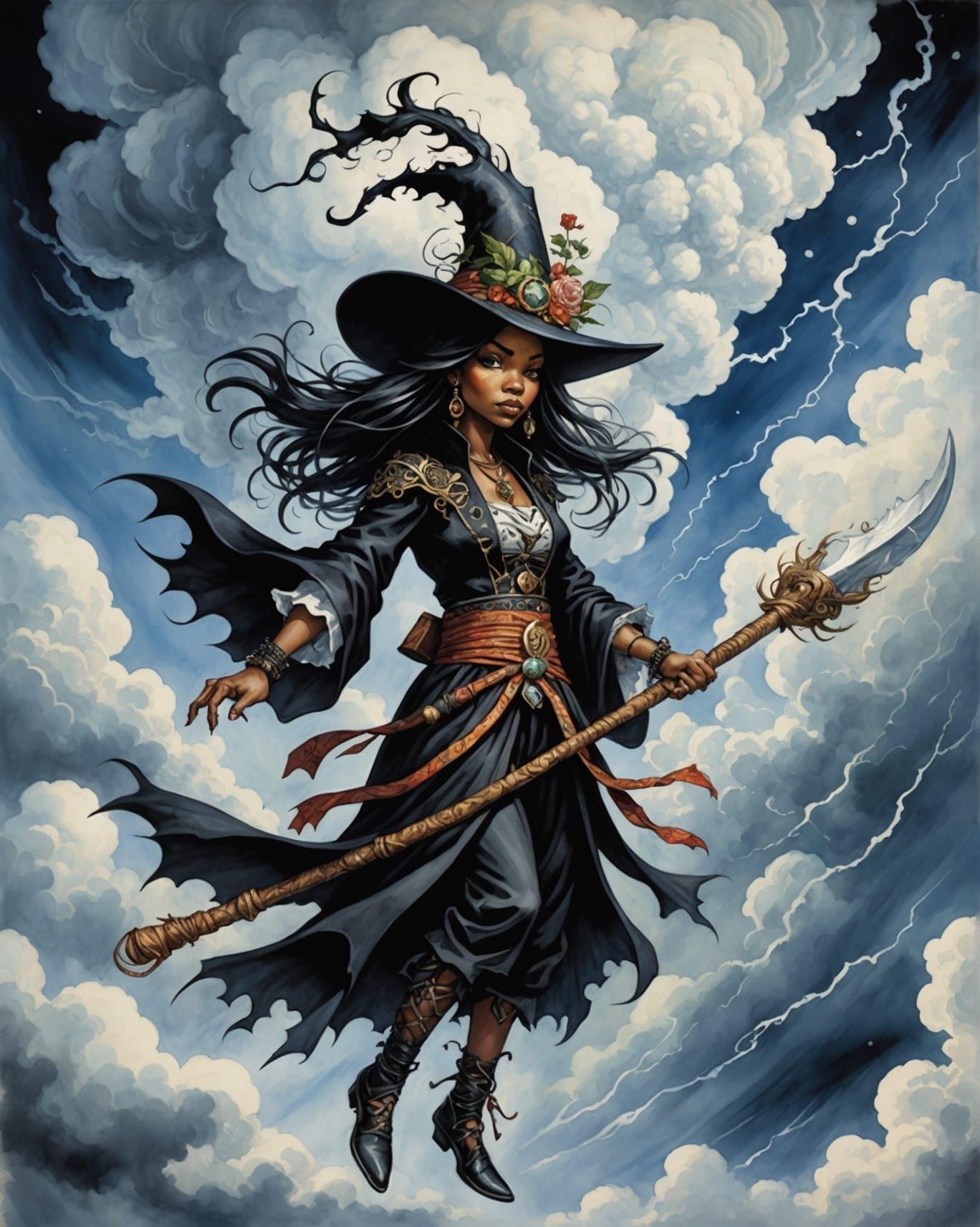 Witch Doctor Slices Cloudscape in Watercolor Style