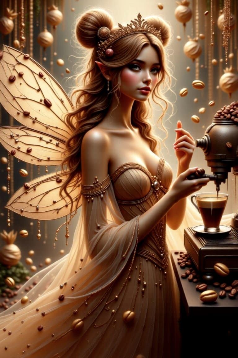 Coffee Fairy Making Espresso in WLOP Style