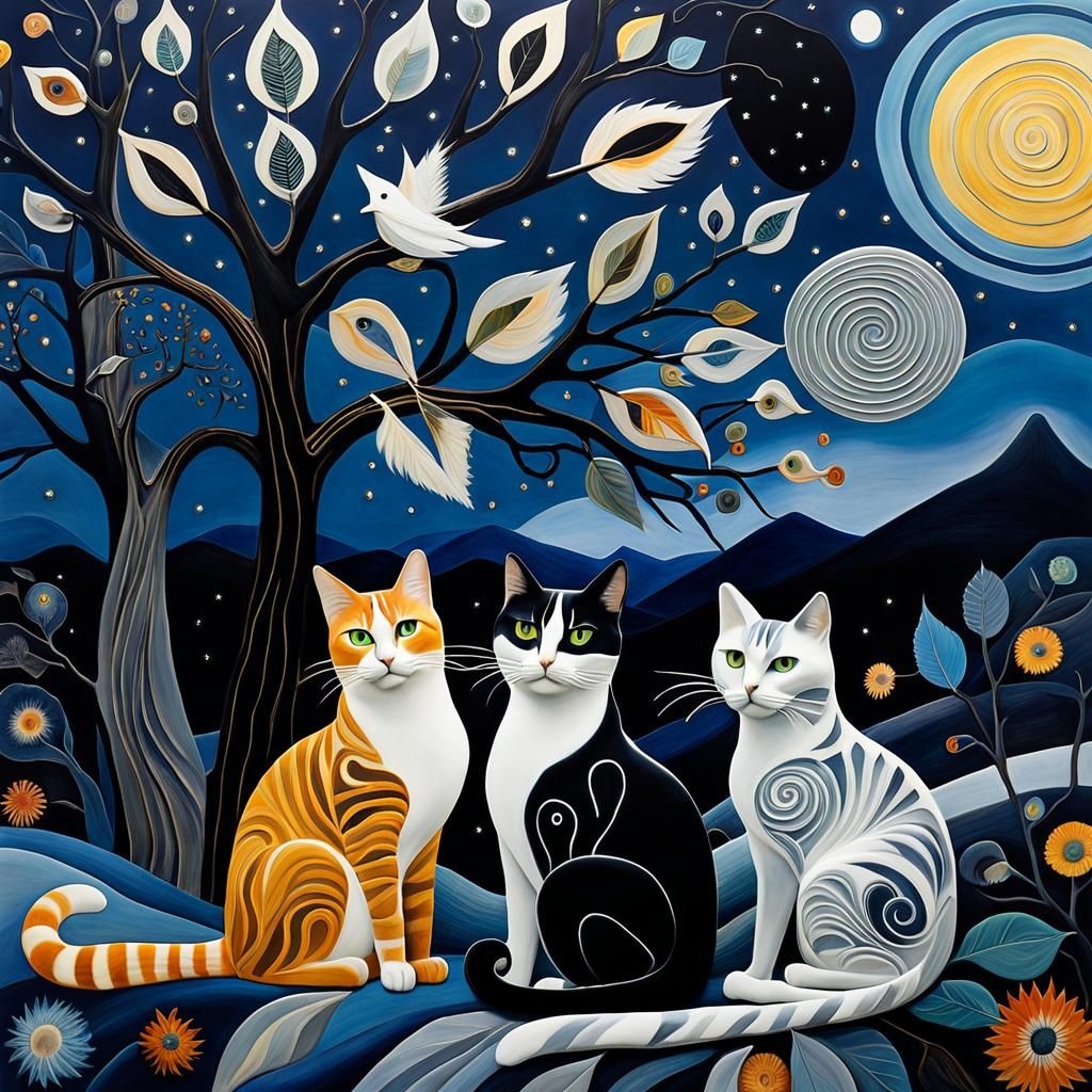 Cats Gaze at Starry Night: Surreal Grayscale Photogram