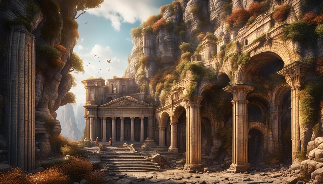 Cliffside Roman City in Detailed Matte Painting