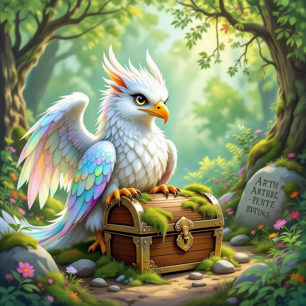 Griffin Guarding Treasure Chest in Enchanted Forest