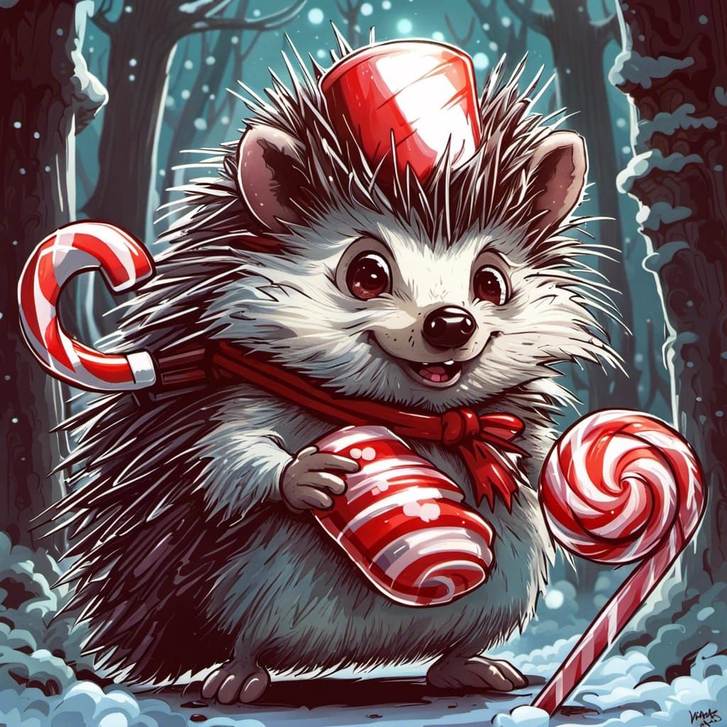 Cartoon Hedgehog Enjoys Candy Cane: Comic Book Art