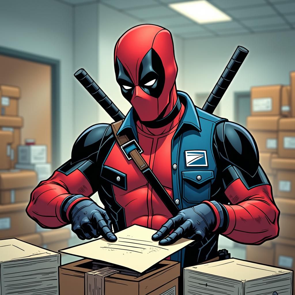 Deadpool as Postal Worker in Comic Book Style