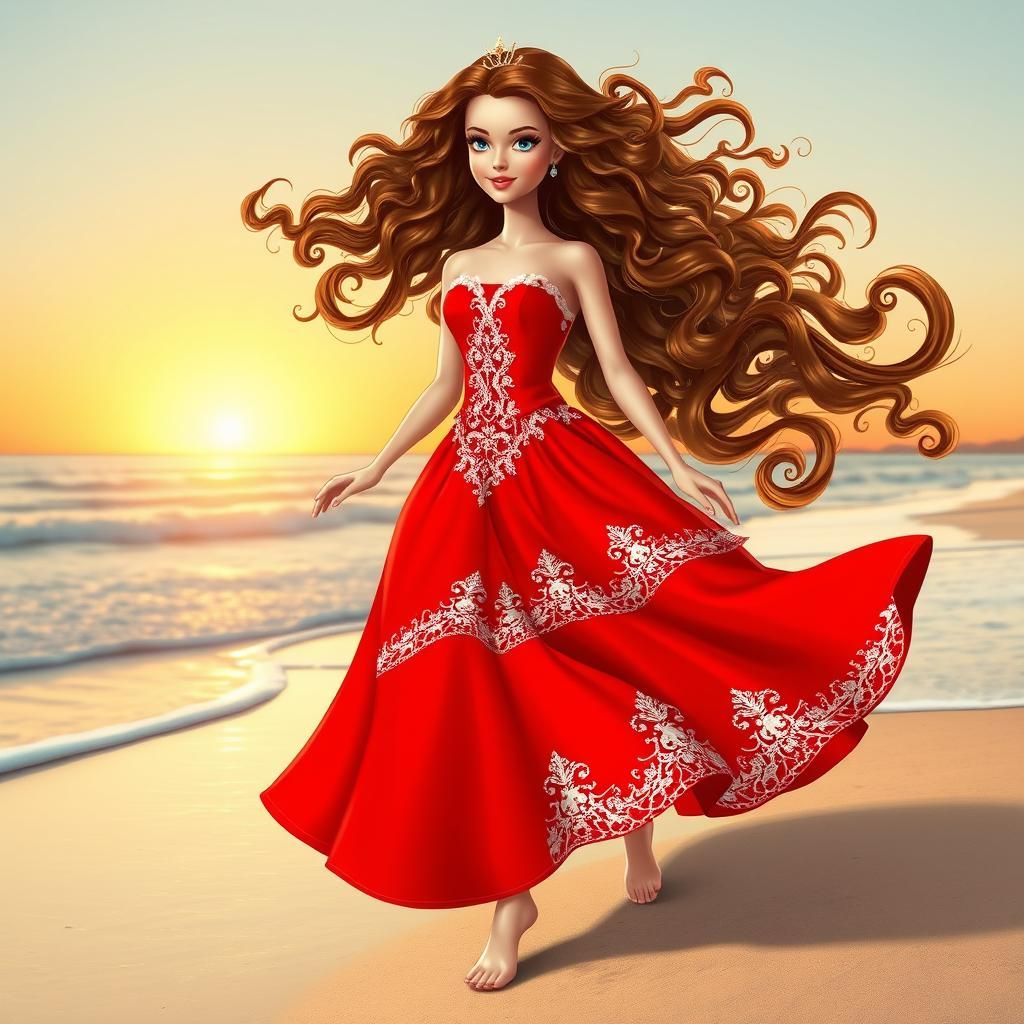 Princess in Red Gown on Beach at Sunset