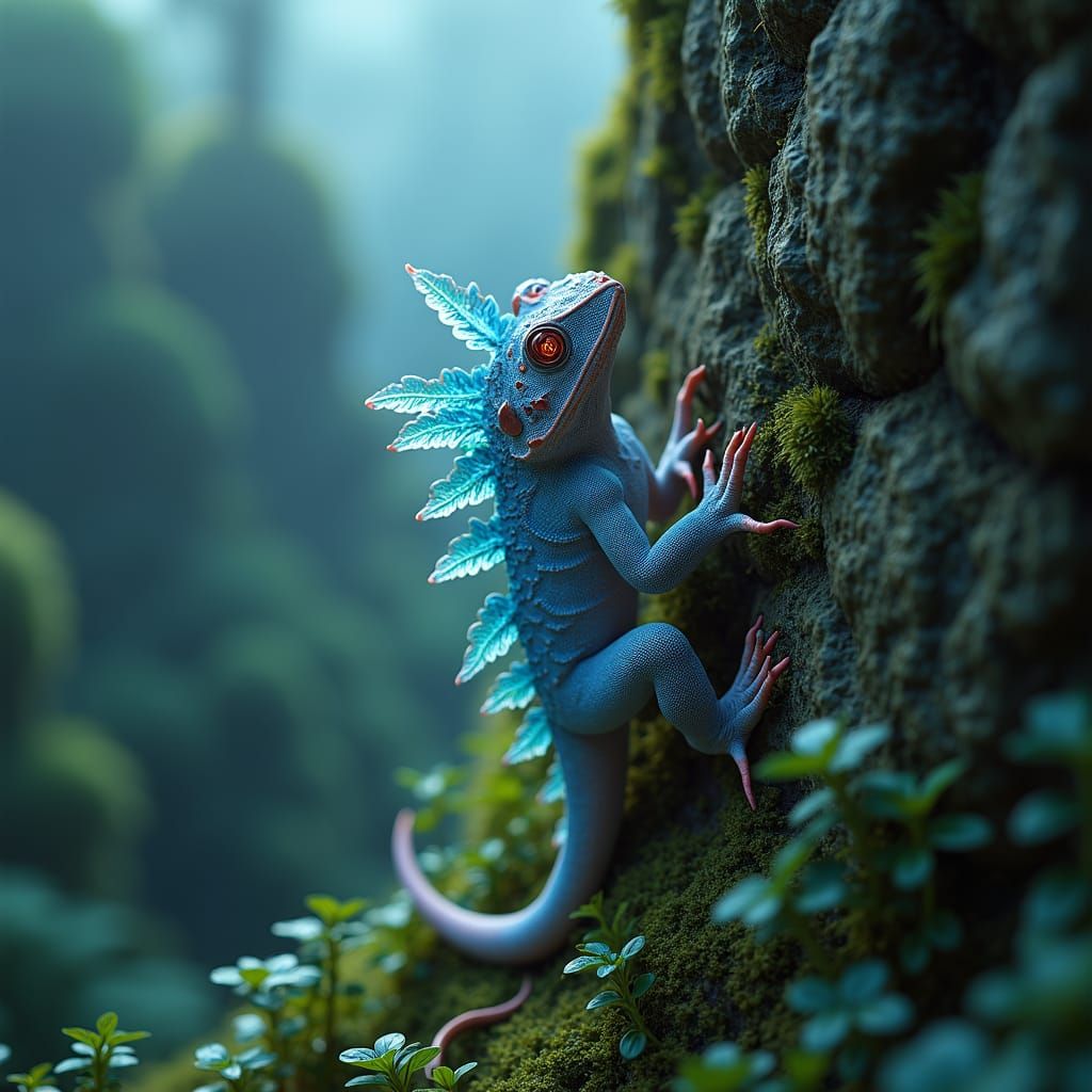 Bioluminescent Lizard Climbing Stone Wall in Matte Painting ...