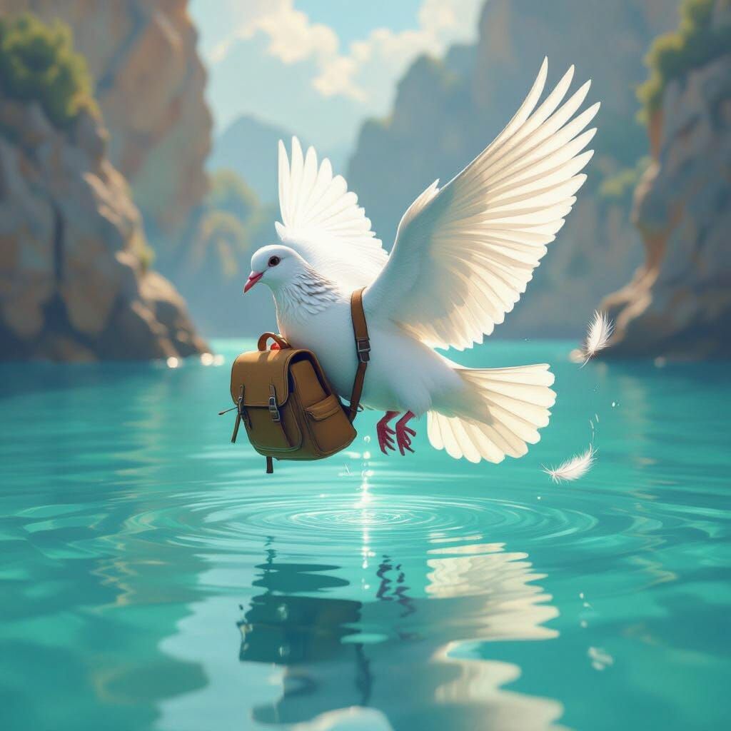 Dove Descending Over Turquoise Sea in Watercolor Style