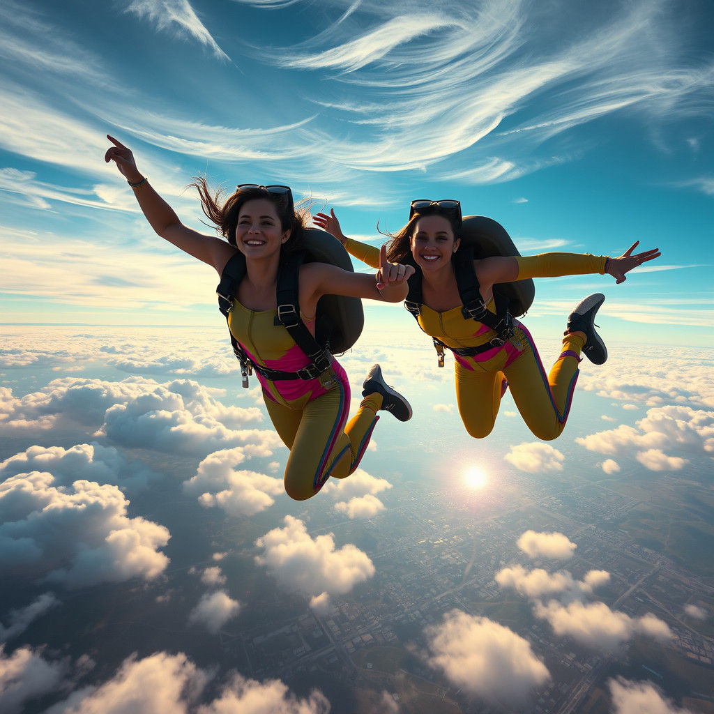 Skydiving Women in Surreal Dreamscape: Fantasy Concept Art