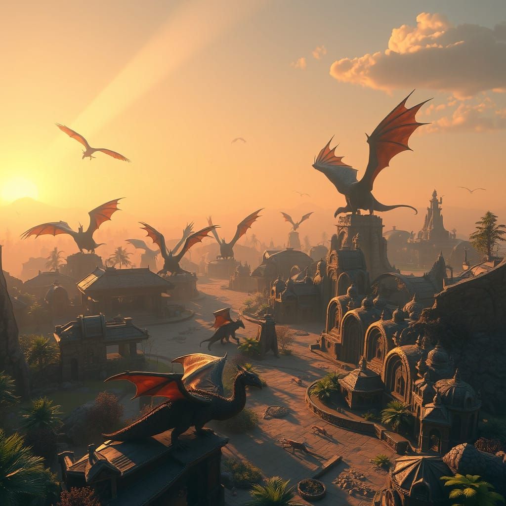 Mythic Zoo at Sunset in Dreamlike Fantasy Art