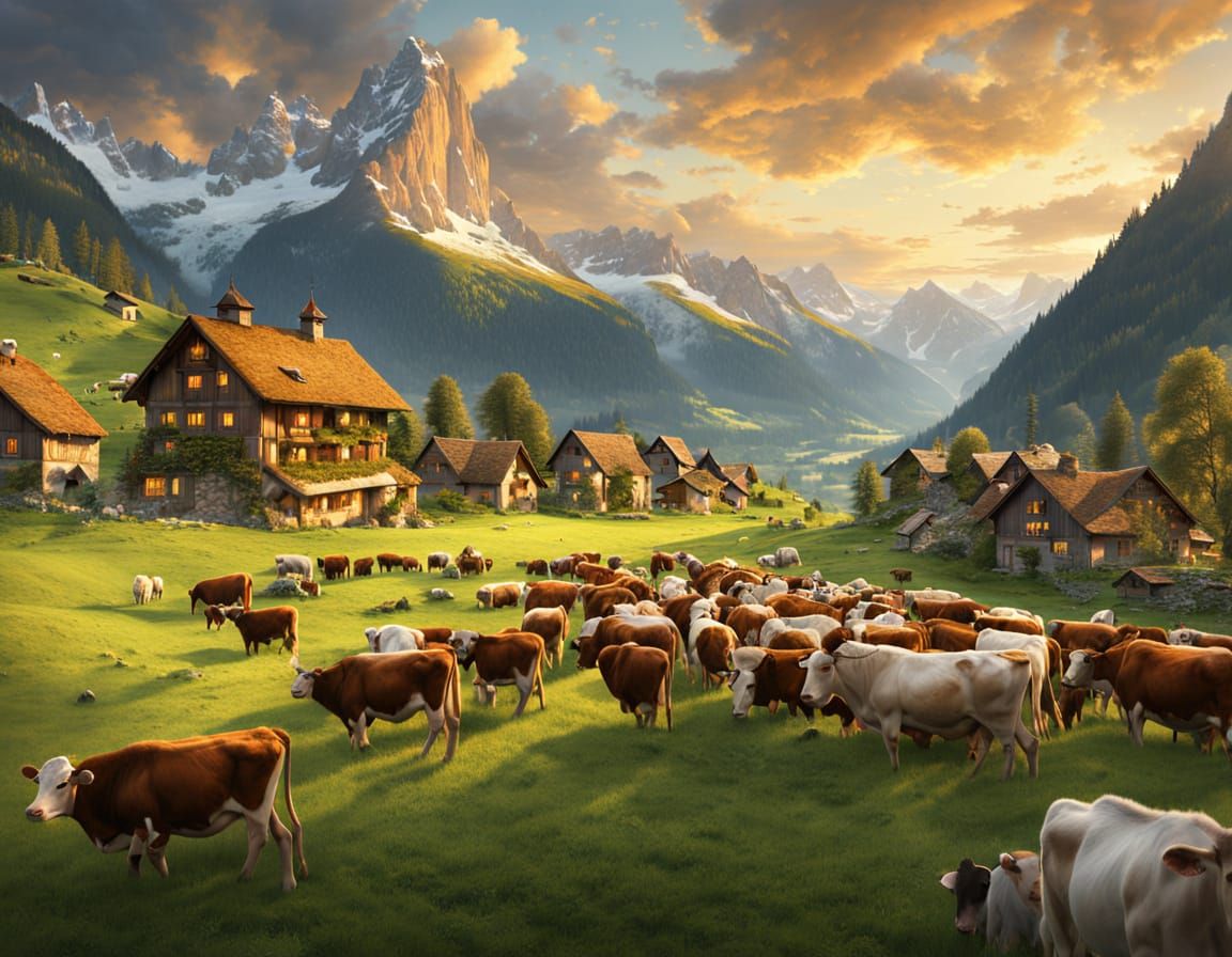 Cinematic Matte Painting of Swiss Village in Alps