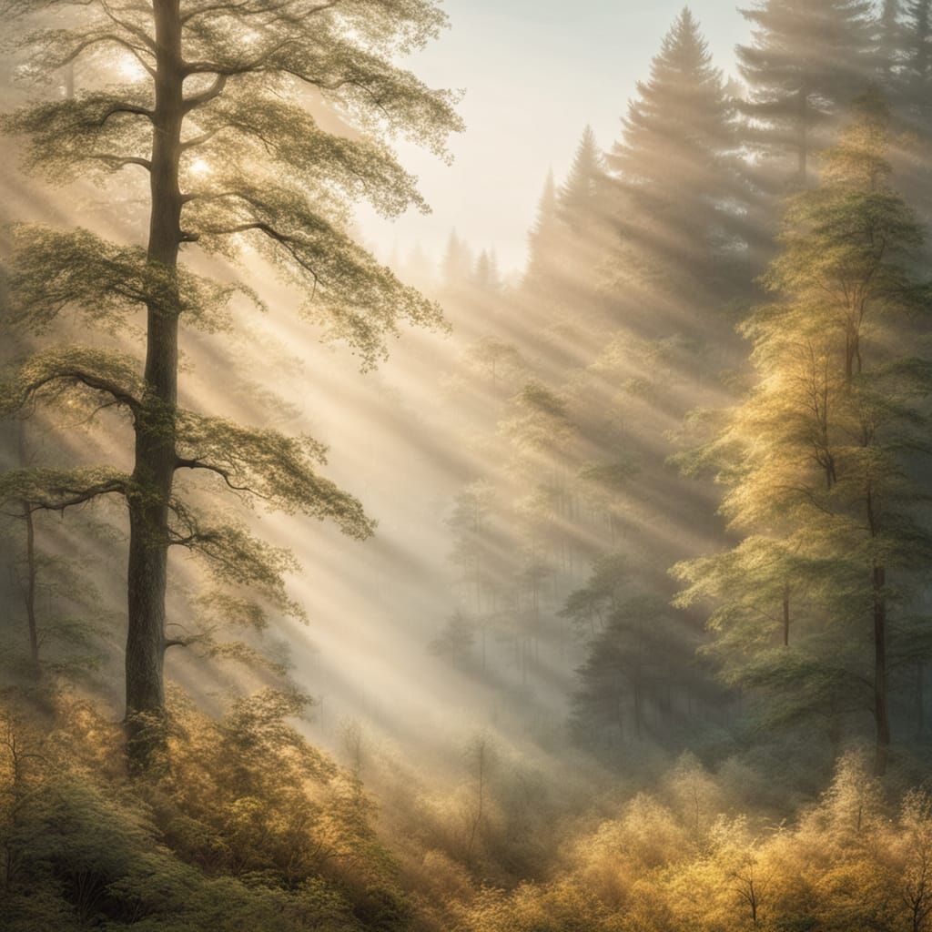 Misty Forest Impressionist Landscape in Golden Hour