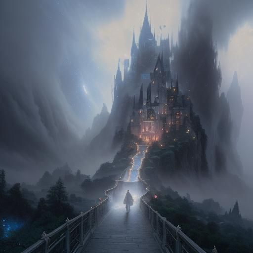 Princess Climbing Starry Path in Ethereal Cloudscape