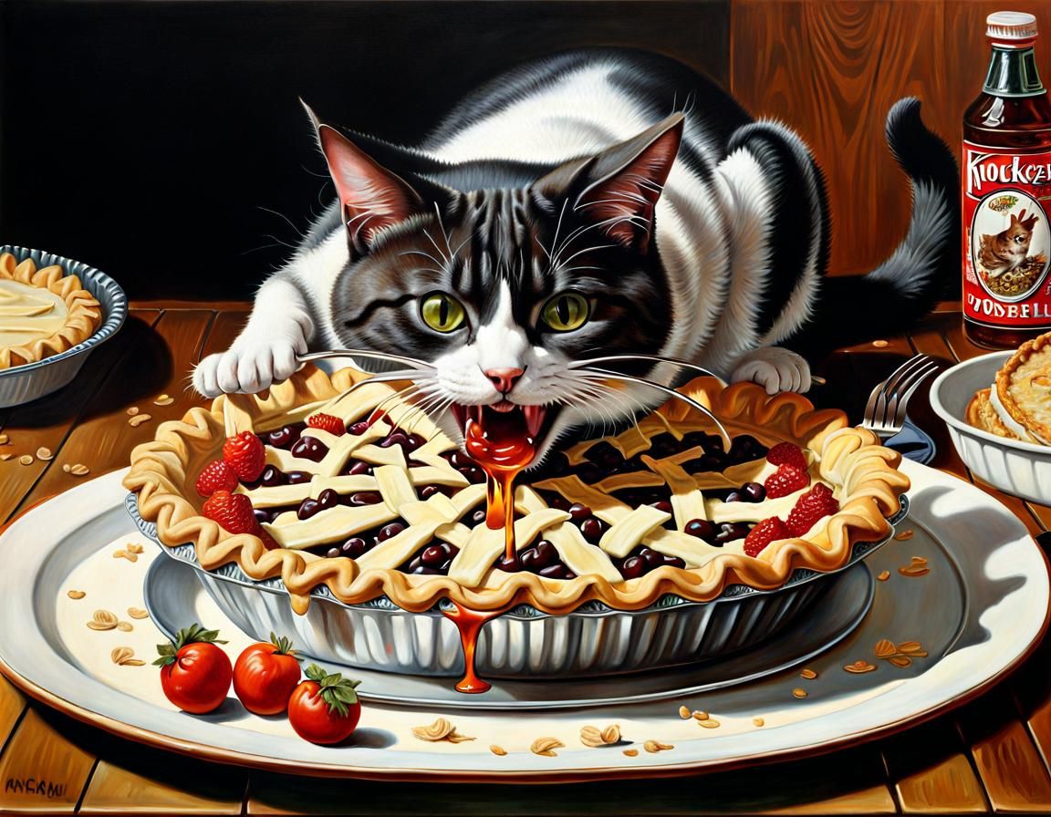 Cat in Pie Eating Contest: Oil Painting