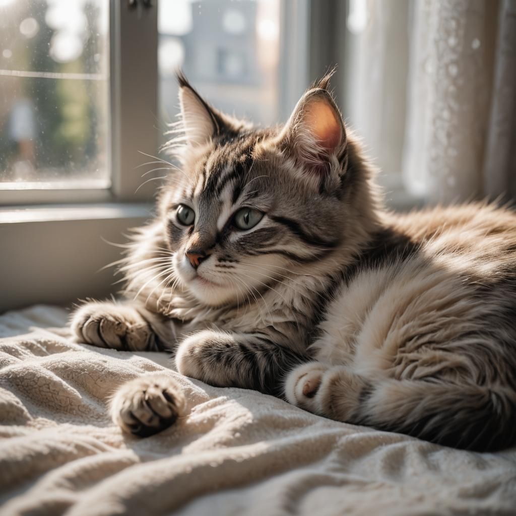Kitten Sleeping in Window Light: Cinematic Photo