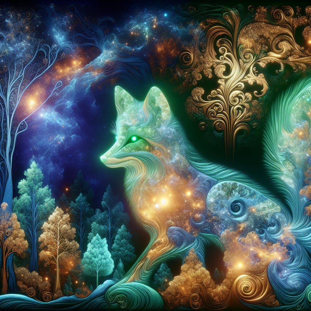 Luminous Fox in Ethereal Art Nouveau Forest