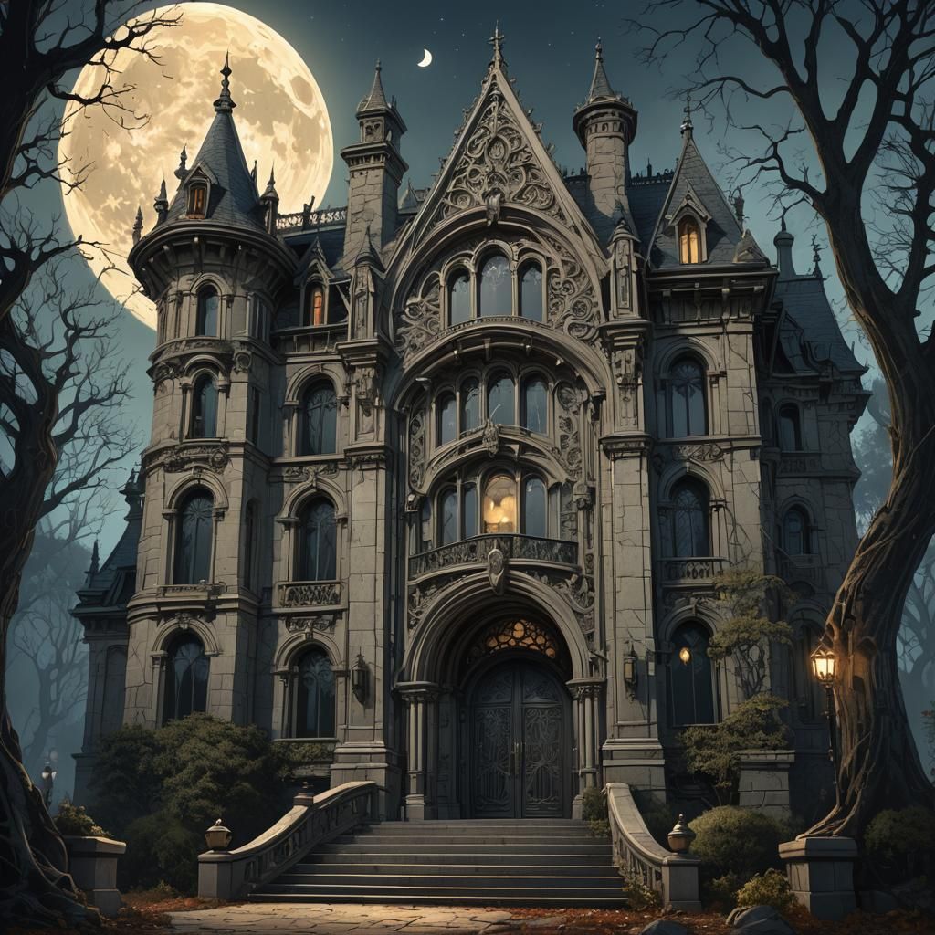 Eerie Gothic Mansion Under Moonlight: Digital Concept Art