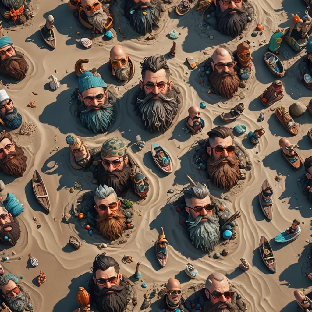 Whimsical Bearded Man on Beach: Fantasy Art