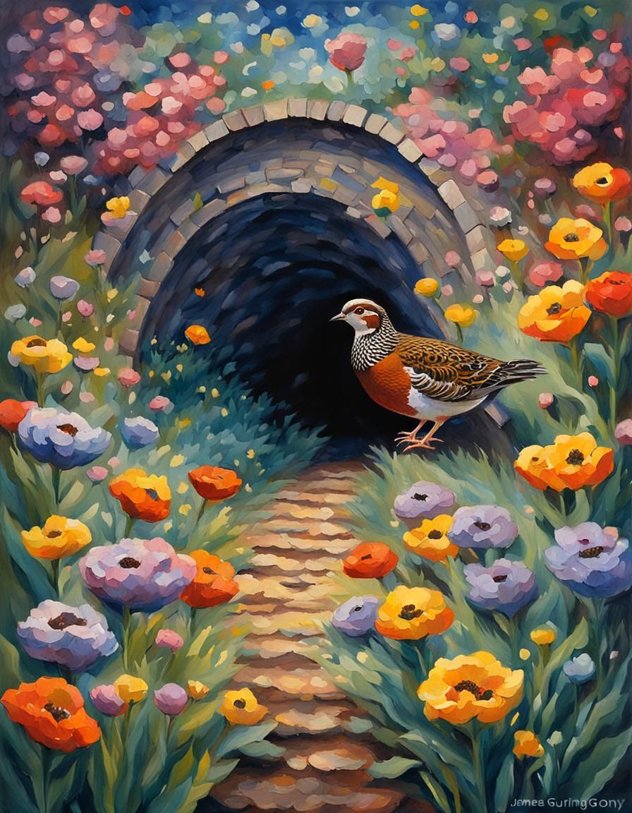 Quails in Floral Tunnel: Abstract Gouache Impressionist Art