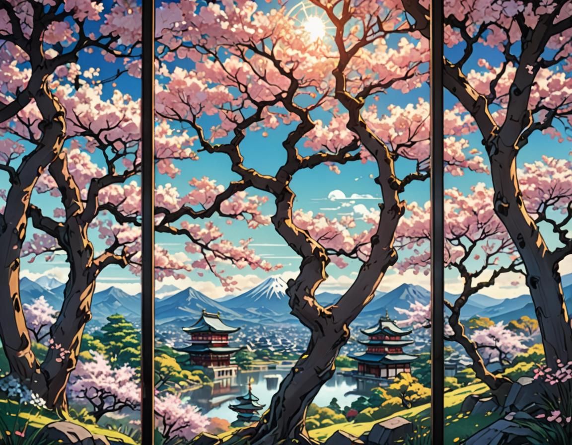 Cherry Blossom Triptych in Anime Stained Glass Style