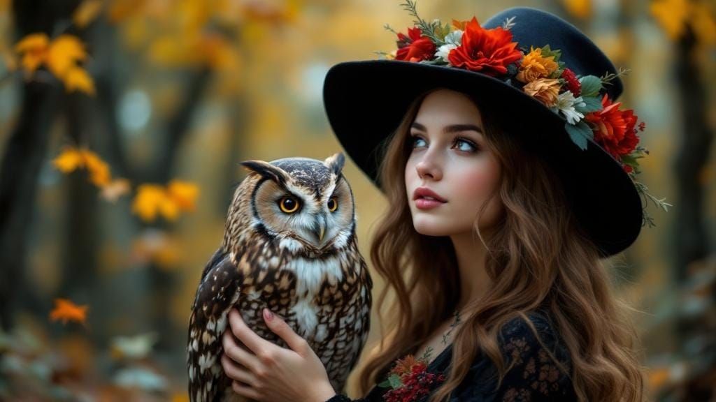 Mystical Forest Scene with Woman and Owl