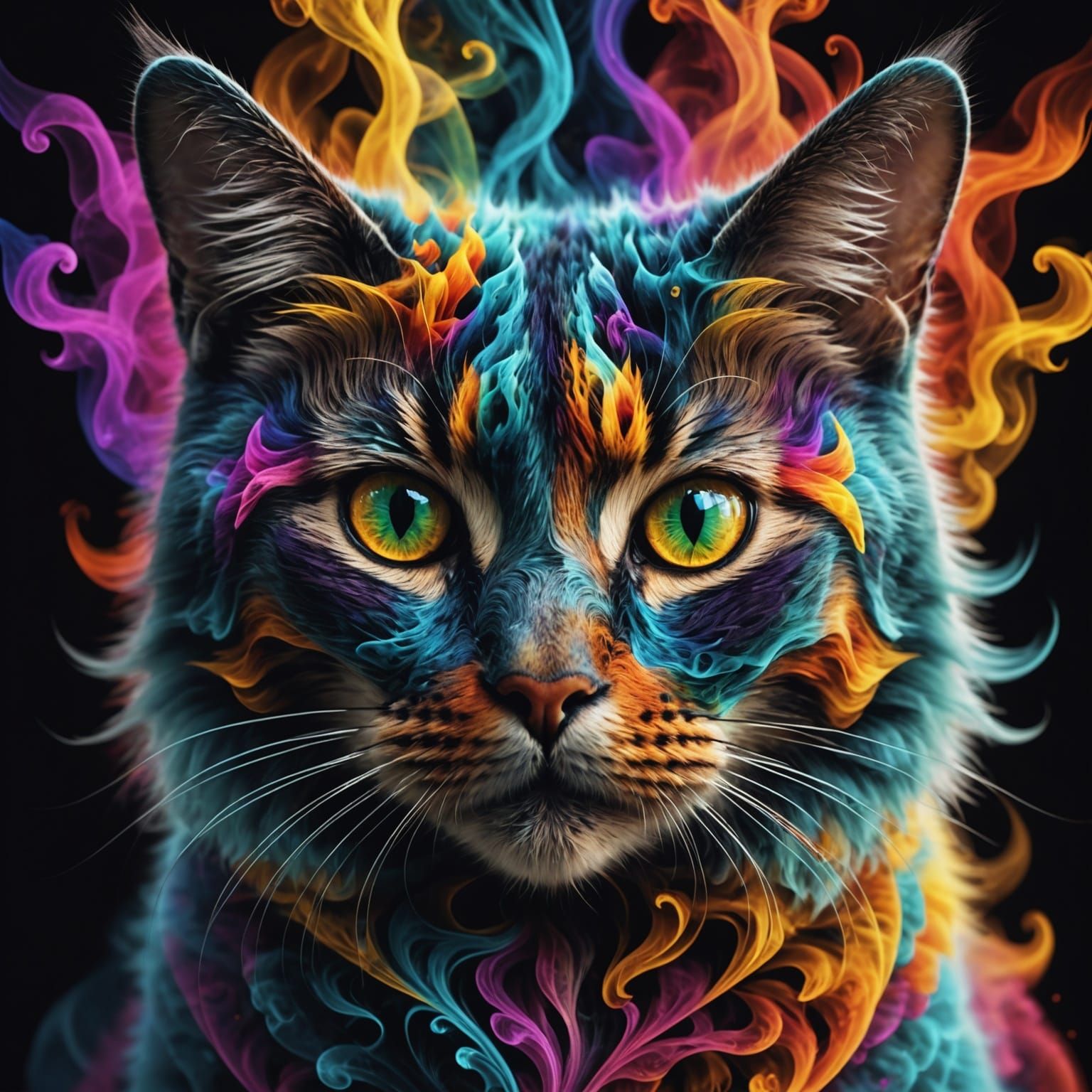 Fractal Cat Face in Multicolored Smoke, 8K