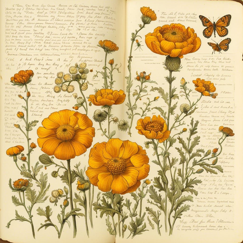 Edwardian Botanical Illustration of Golden Marigolds
