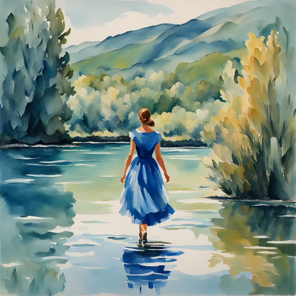 Woman in Blue Dress: Gouache Impressionist Painting